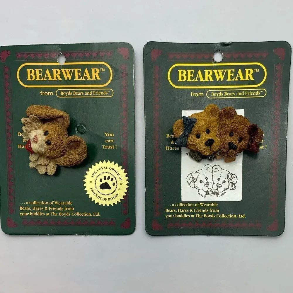 Boyds Bears Bearwear Collection Brooch Pins Lot of 2 Puppy Dog & Teddy Bear Bows